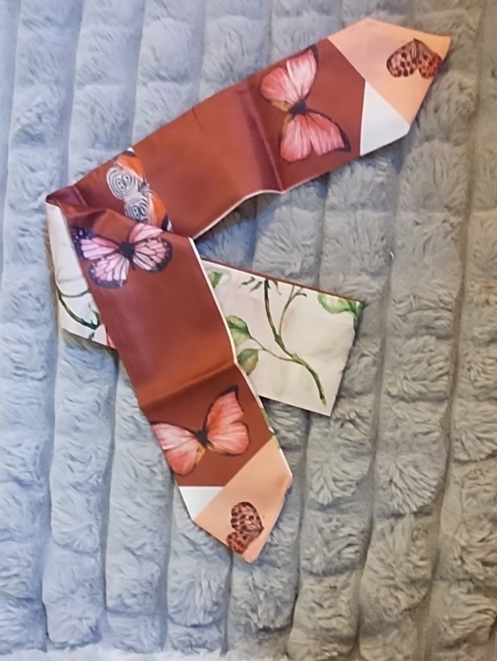 Butterfly Print Twilly Scarf in Rust and Pink